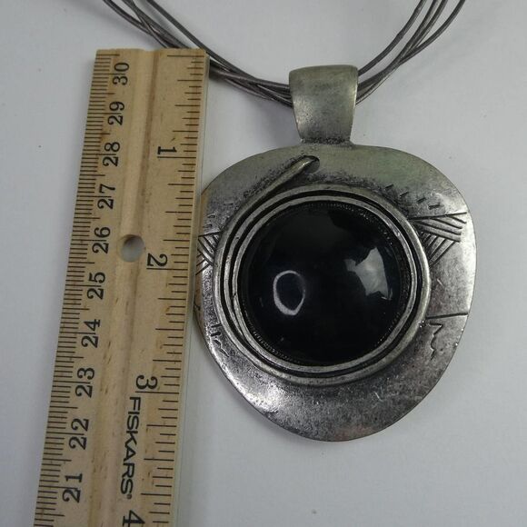 Large Brutalist Abstract Black Silver Tone Pendant on Sterling Dyadema Necklace - Picture 10 of 13